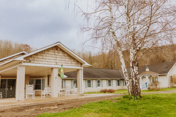 Welcoming entrance of Hampshire House with rocking chairs and a birch tree.