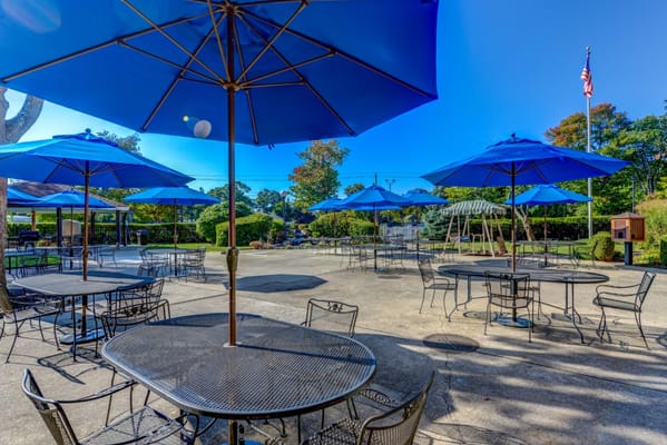Outdoor seating area with blue umbrellas