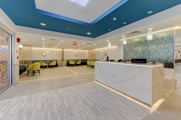 Bright and modern lobby area with seating