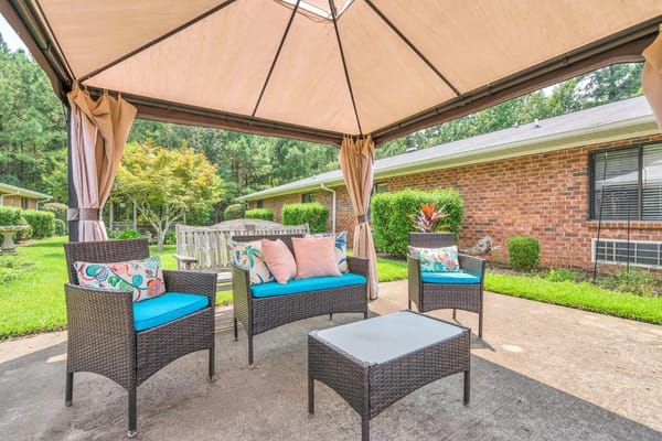 Outdoor seating area under a gazebo