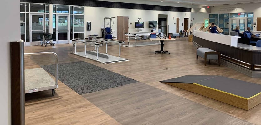 Interior view of a common area with rehabilitation equipment