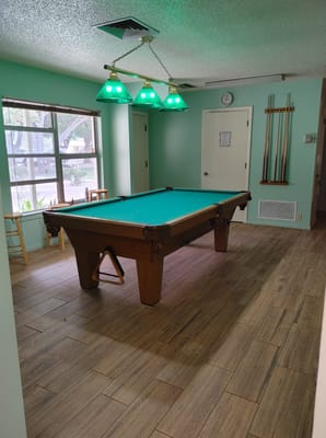 Billiards table with green felt and overhead lights in a recreational room