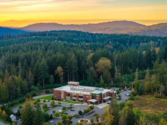 Aerial view of the facility surrounded by forest