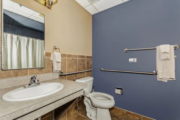 Accessible bathroom with sink, toilet, and grab bars