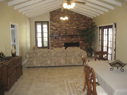 Interior view of a cozy common area with seating