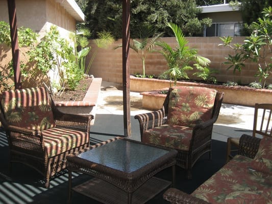Outdoor seating area with tropical plants