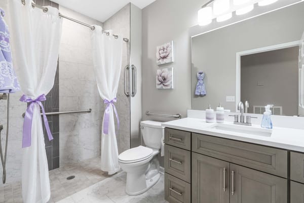 Modern assisted living bathroom with accessible features