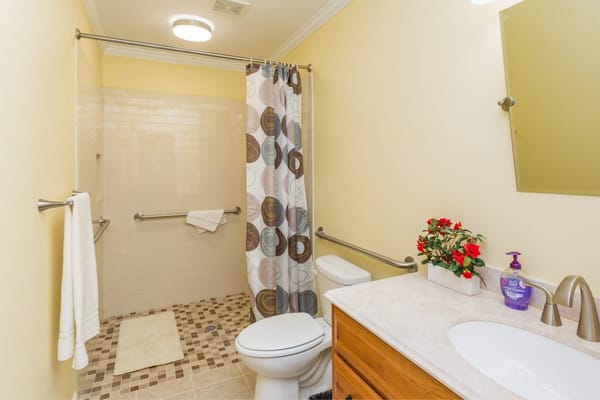 Spacious and well-equipped bathroom with shower and safety features