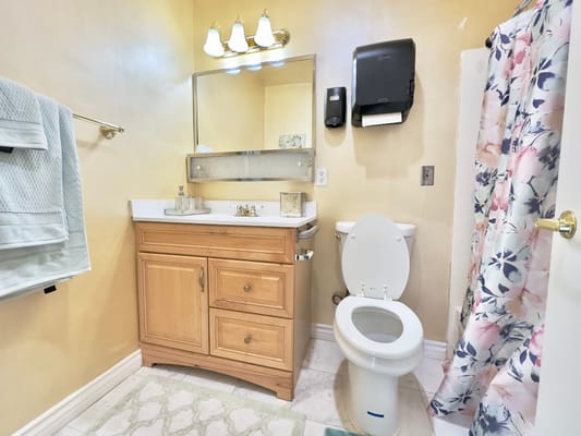 Clean bathroom with a vanity, toilet, and floral shower curtain.