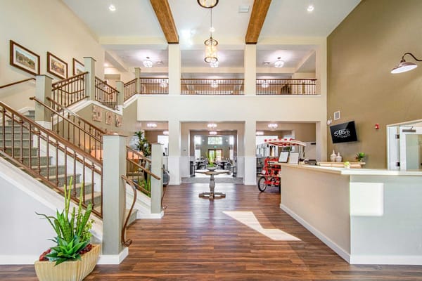 Bright and welcoming lobby area of a senior living facility