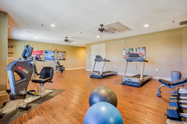 Well-equipped fitness room with workout equipment