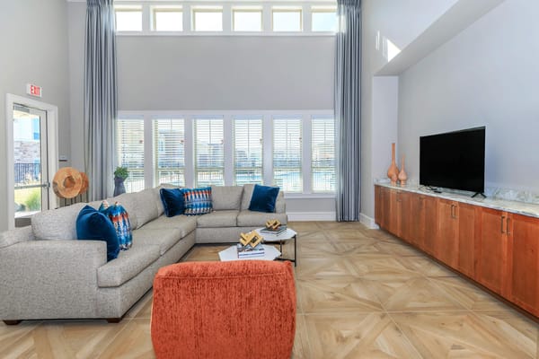 Bright and spacious common area with seating