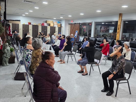 Seniors participating in a seated exercise class