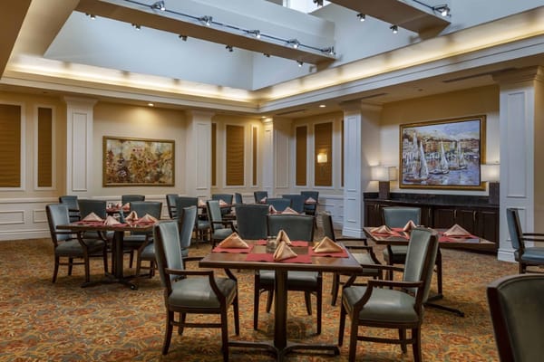 Elegant dining room setup with neatly arranged tables