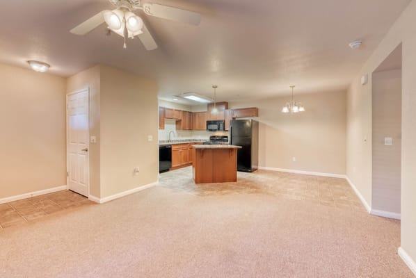 Interior view of a spacious kitchen and living area