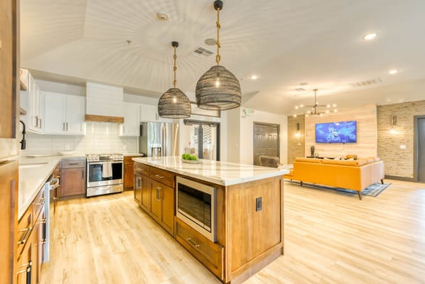 Modern kitchen and living area with stylish decor