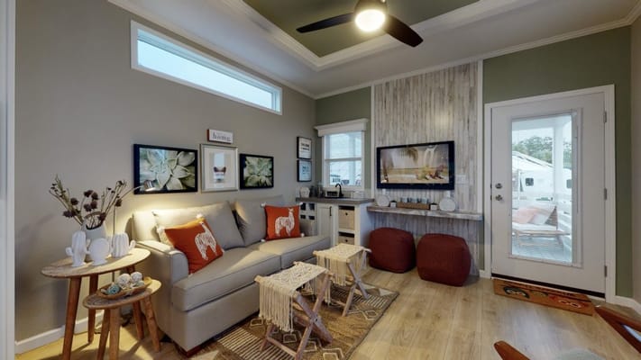 Bright and cozy interior common area with seating