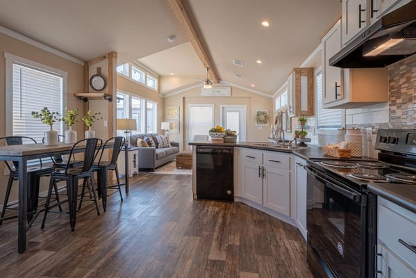 Bright and airy common area with kitchen and seating