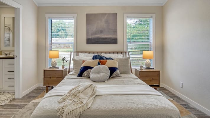 Cozy bedroom with warm lighting and decor