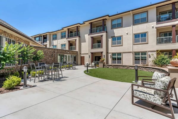 Outdoor seating area in a senior living facility