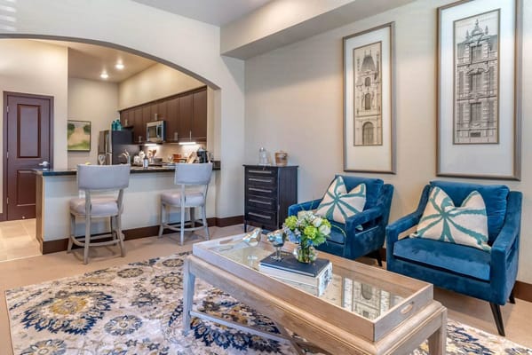 Brightly decorated lobby of an independent living facility