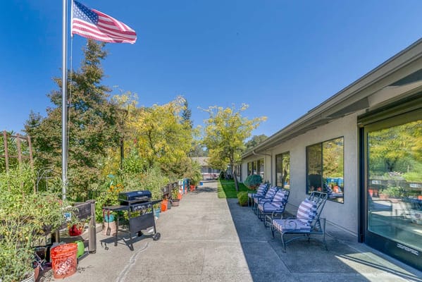 Outdoor pathway with seating and plants