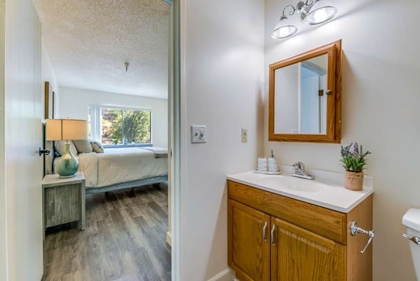 Interior view of a resident room with a bathroom