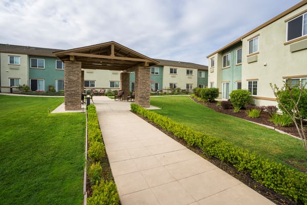 Outdoor pathway leading to a seating area in the garden