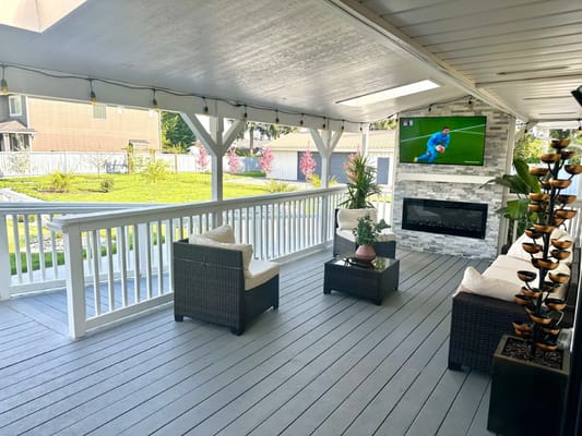 Outdoor seating area with a view of the garden