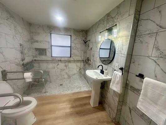 Modern bathroom with safety features and elegant design