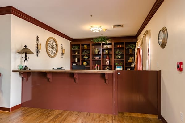 Interior view of the reception area with wooden accents