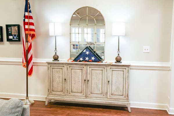 Interior common area with an American flag display