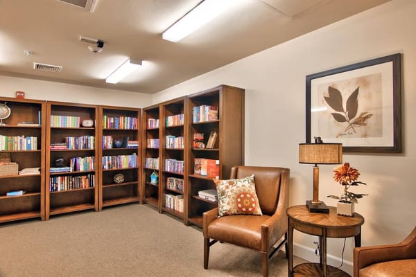 Cozy reading area with bookshelves and seating