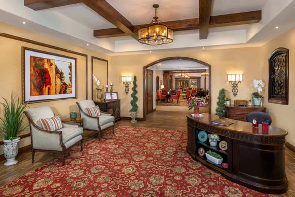 Welcoming lobby area with seating and decorative elements