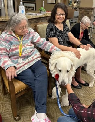Residents interacting with a therapy dog in a common area
