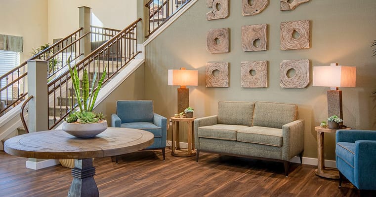 Interior common area with seating and decorative elements