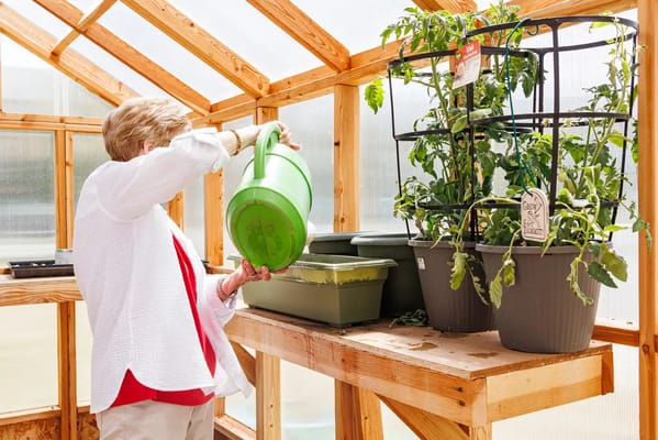 Resident watering plants in a greenhouse