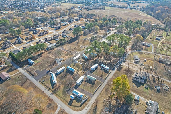 Aerial view of a senior living community with outdoor spaces