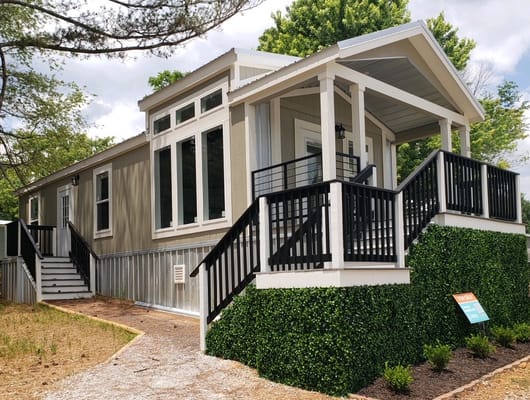 Exterior view of a building entrance with stairs and greenery