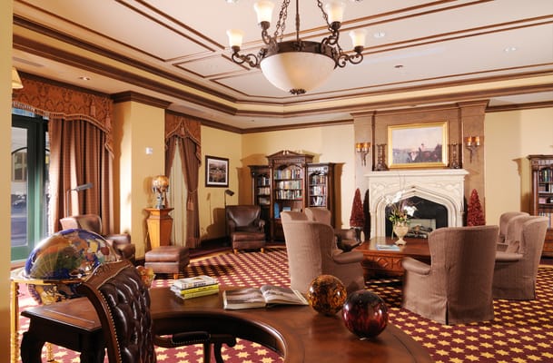 Common area with comfortable seating and a fireplace