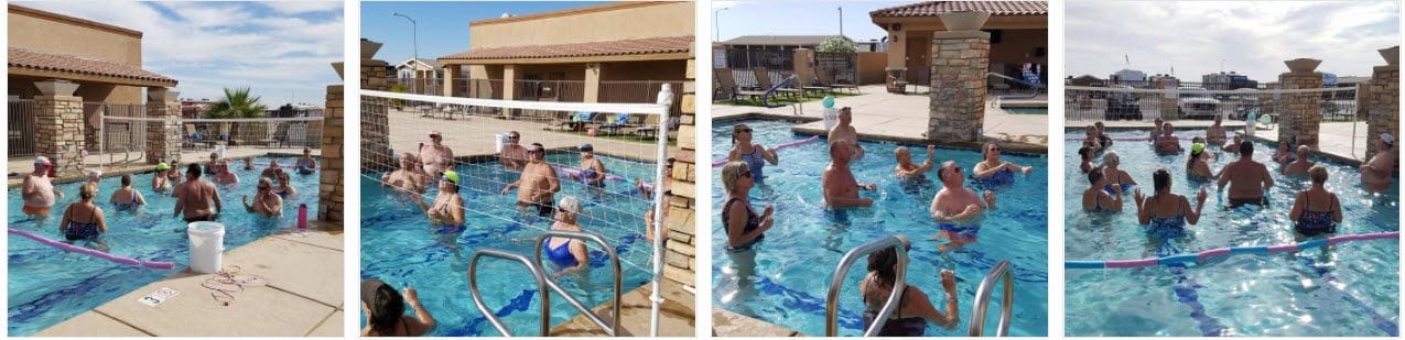 Residents participating in a water aerobics class at the pool