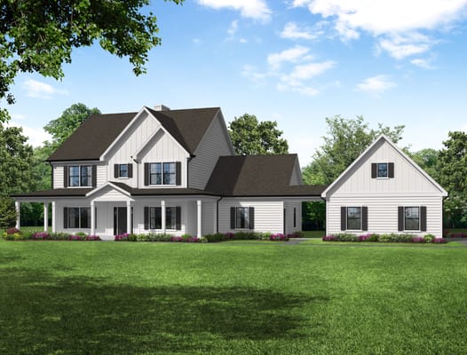 Exterior view of a modern two-story building with gardens