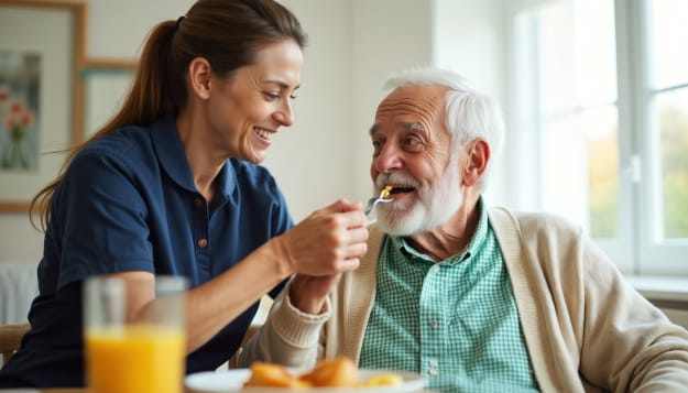 Staff member feeding a senior resident in a bright indoor setting