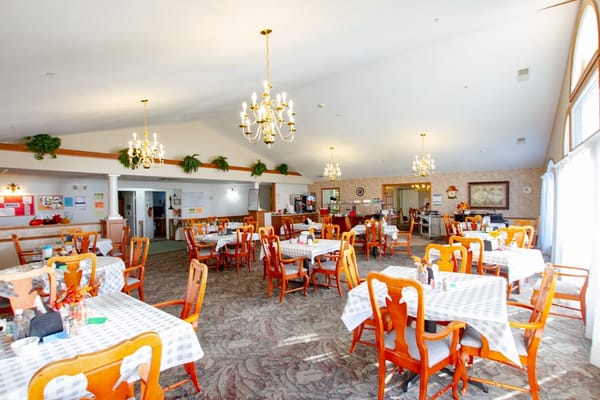 Dining area with tables and chairs in a bright room