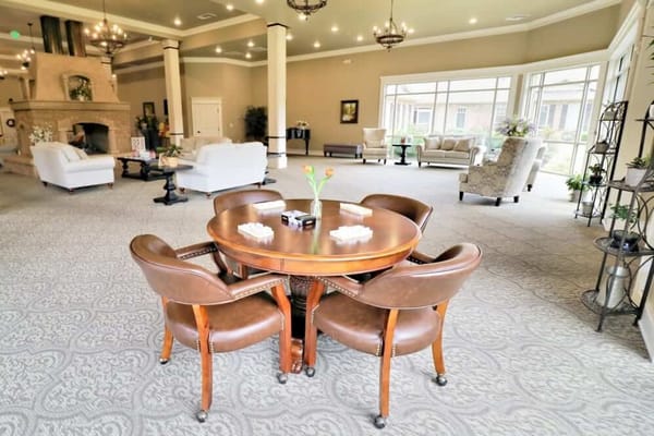Bright common area with seating and decor