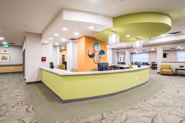 Interior view of a reception area in a senior living facility