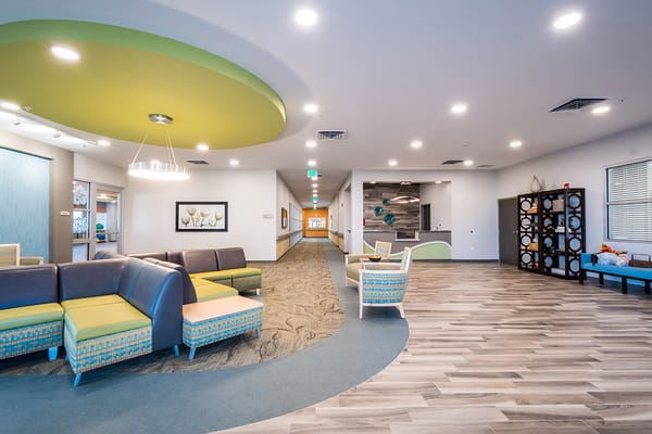 Bright and modern common area with seating