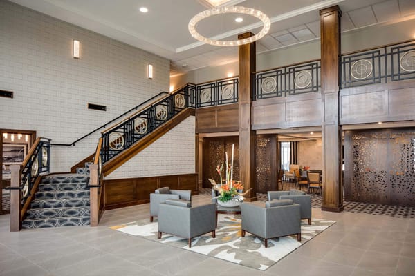Bright and welcoming interior lobby with seating area