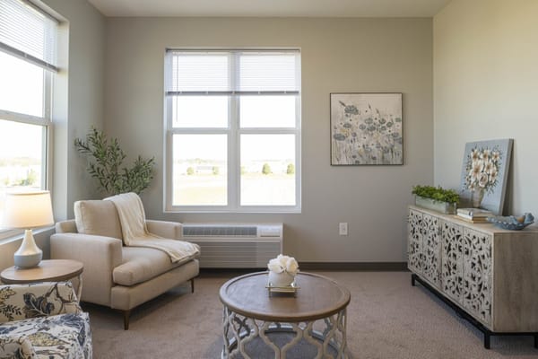 Bright, cozy interior space with a comfortable chair and table