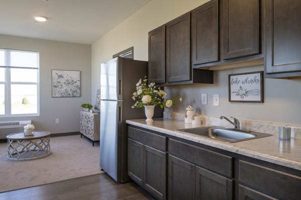 Modern kitchen area in a senior living unit